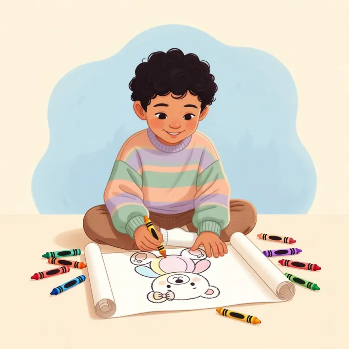 A child coloring a teddy bear page with crayons