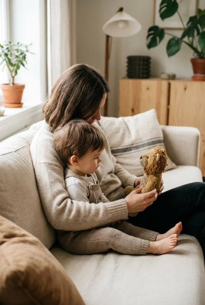 A parent and child looking at a plush lion toy