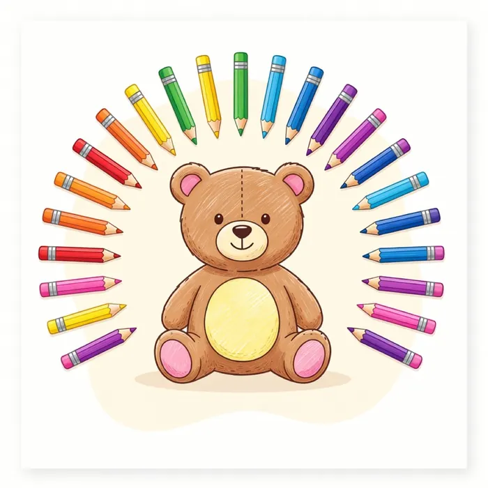 A teddy bear drawing surrounded by rainbow colored pencils