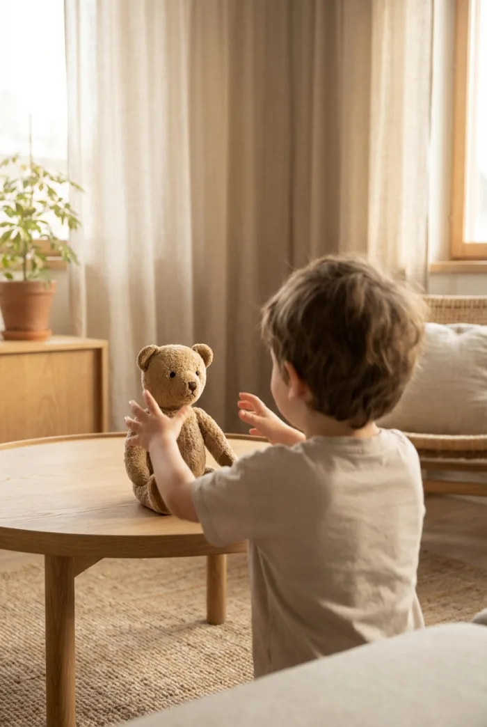 A child reaching for a favorite teddy bear