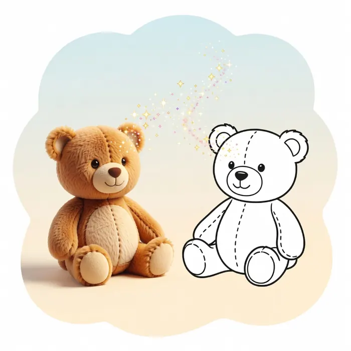 A teddy bear next to a clean teddy bear coloring page