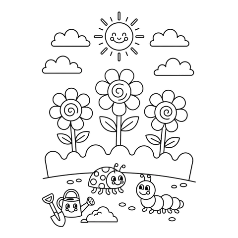Garden Scene free flowers & nature coloring page line art